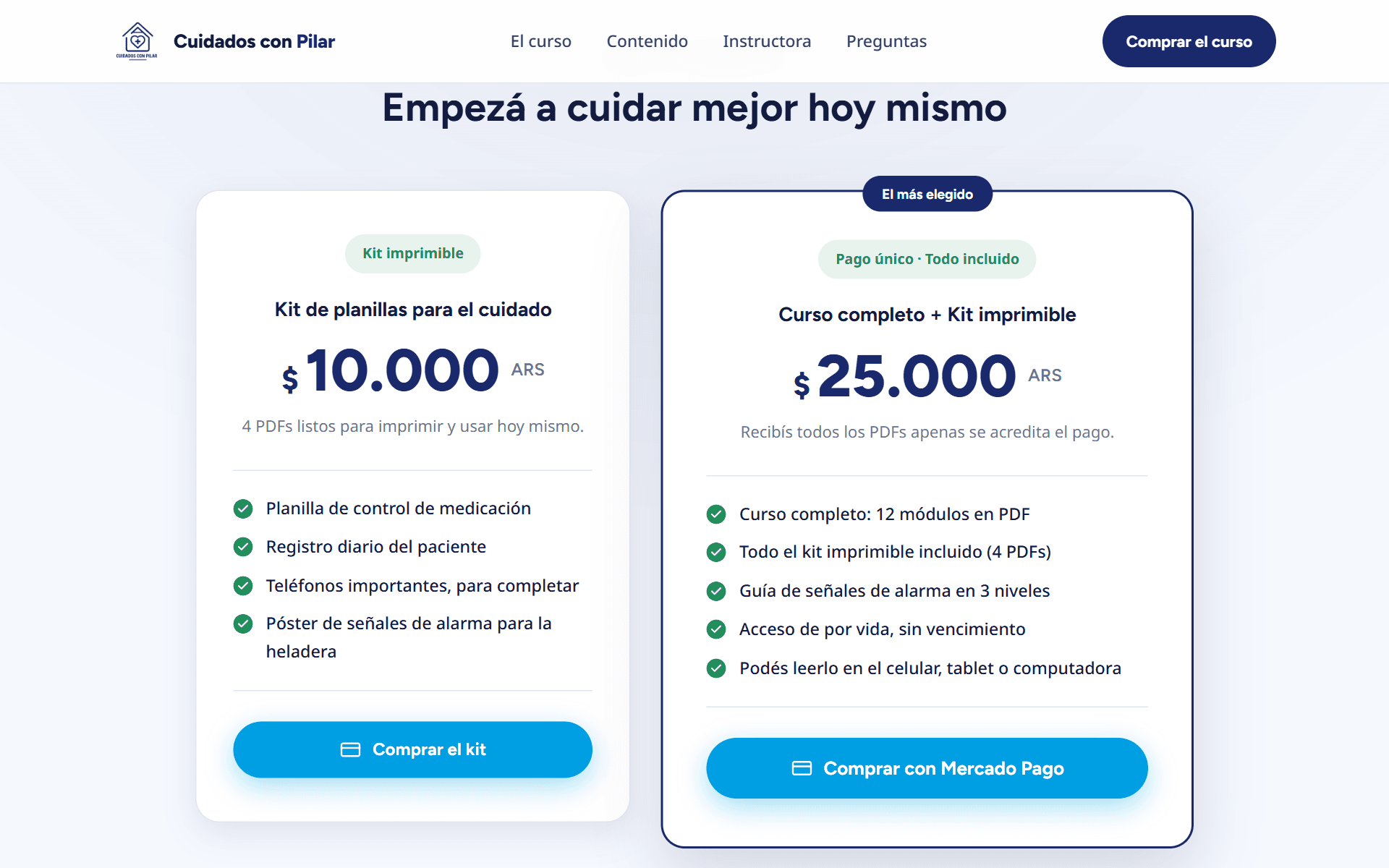 Sección de compra del sitio Cuidados con Pilar, con el kit imprimible, el curso completo y el botón para pagar con Mercado Pago.