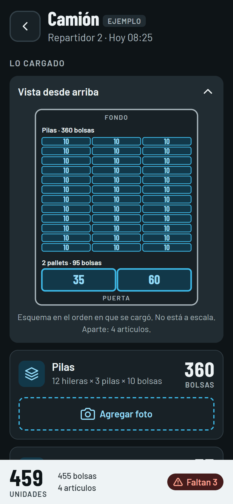 Pantalla de la app Estiba con una carga de ejemplo: el camión visto desde arriba, 360 bolsas en pilas, dos pallets y el aviso de que faltan 3.