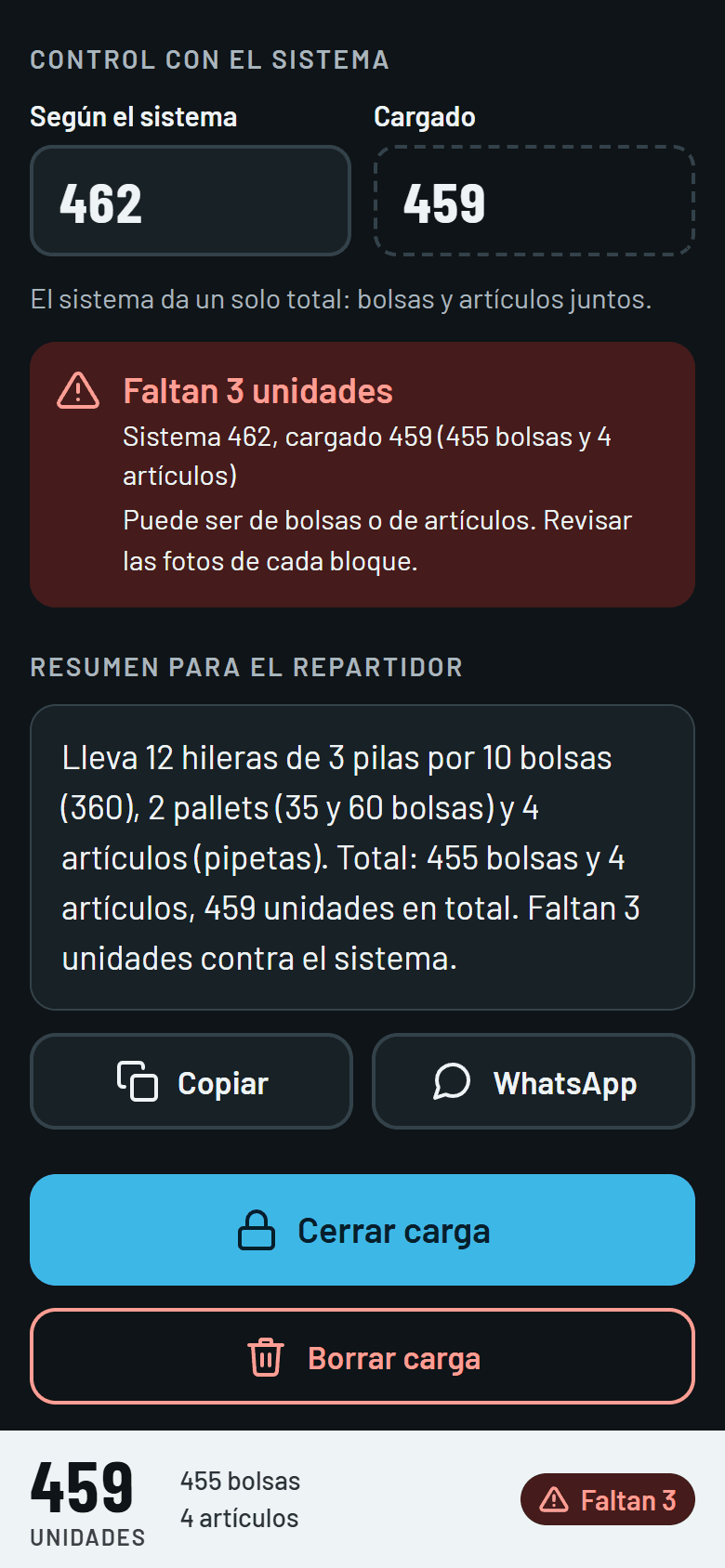 Pantalla de control contra el sistema en Estiba: el sistema indica 462, se cargaron 459 y avisa que faltan 3 unidades, con el resumen para el repartidor.