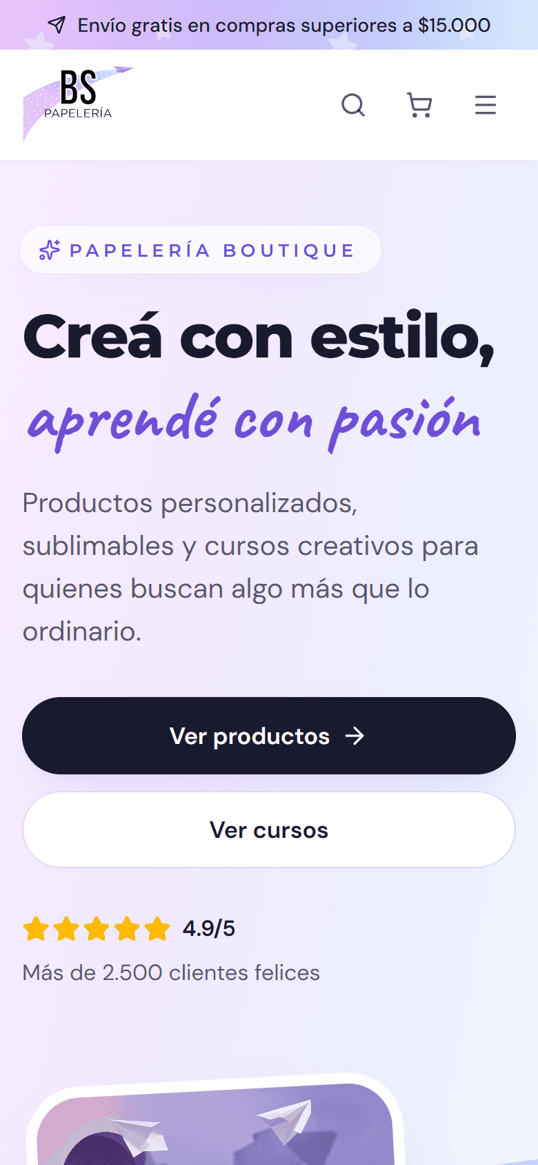 El sitio de BS Papelería visto en un celular.