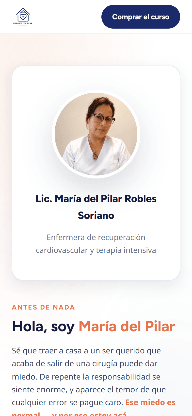 El sitio de Cuidados con Pilar visto en un celular.