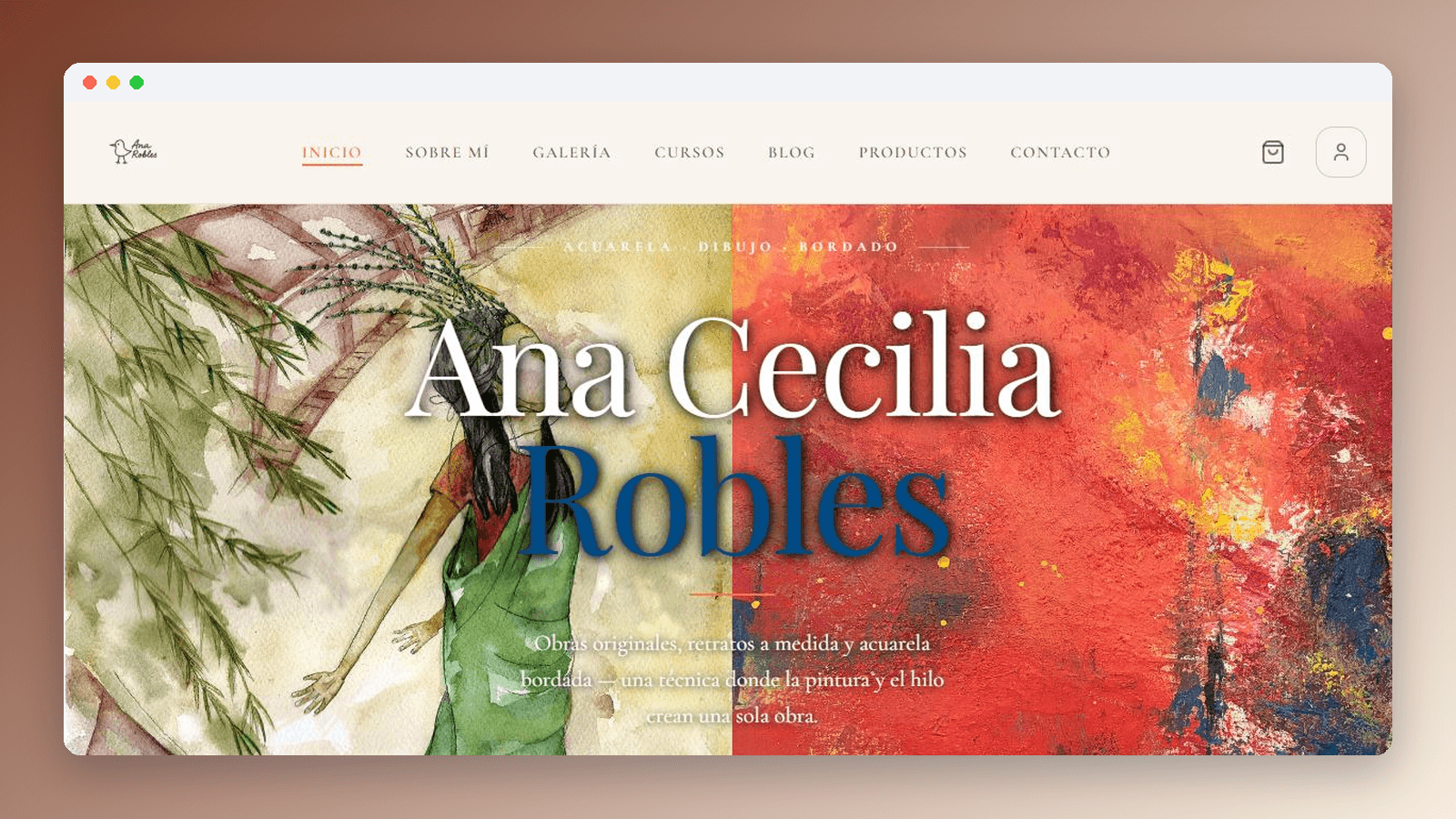 Portada del sitio de la artista Ana Cecilia Robles, con el menú de galería, cursos, blog y productos.