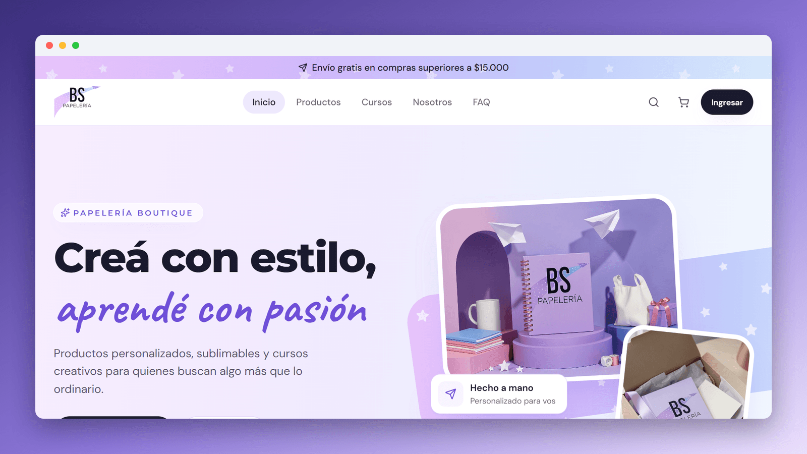 Portada del sitio de BS Papelería: tienda online de una papelería boutique, con el menú de productos y cursos, el buscador y el carrito.