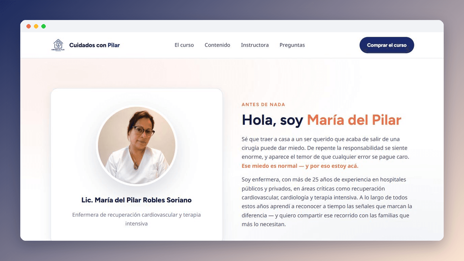 Portada del sitio Cuidados con Pilar, con la presentación de la instructora y el botón para comprar el curso.