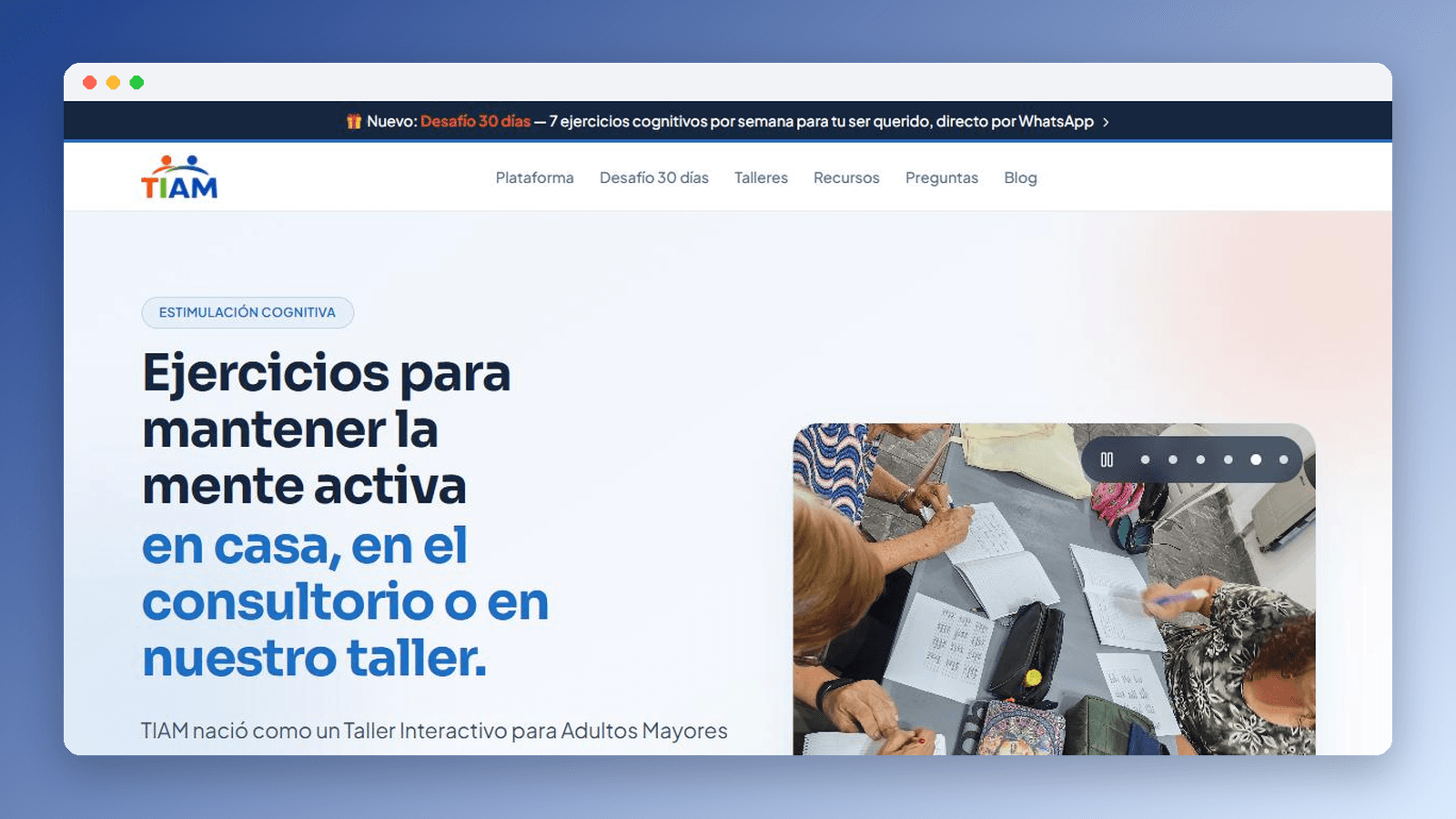 Portada del sitio de TIAM: ejercicios de estimulación cognitiva para hacer en casa, en el consultorio o en el taller.