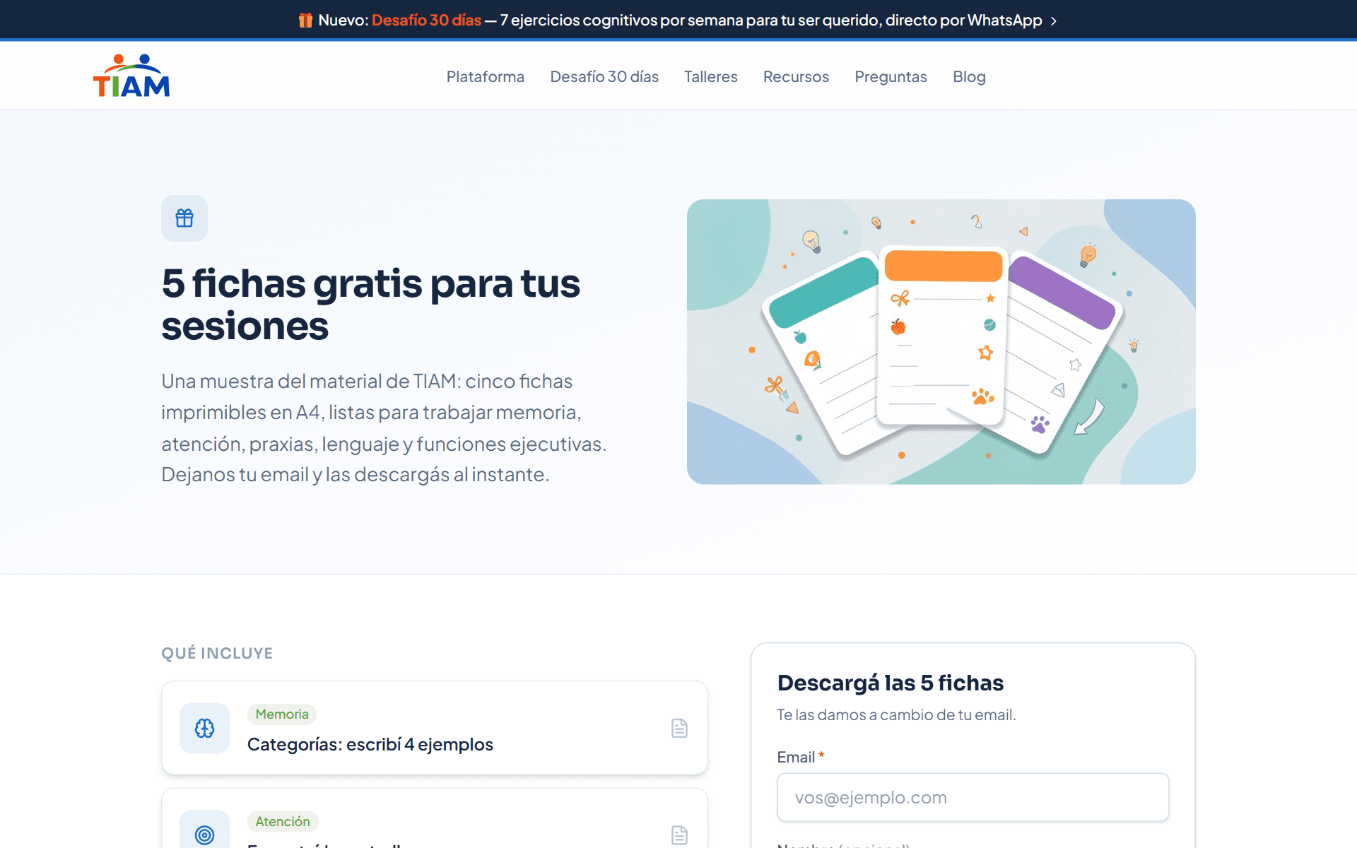 Página de recursos de TIAM: cinco fichas gratis para descargar a cambio del email.